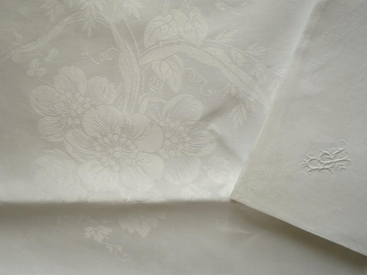 Tablecloth And 11 Napkins Late Nineteenth In Damask Of Flax Monogrammed Er-photo-4