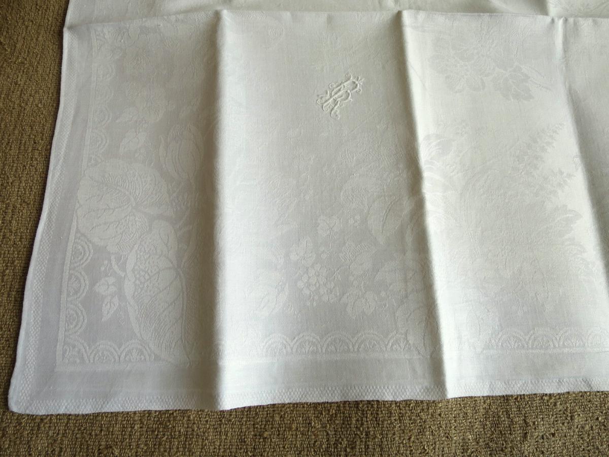 Tablecloth And 11 Napkins Late Nineteenth In Damask Of Flax Monogrammed Er-photo-3