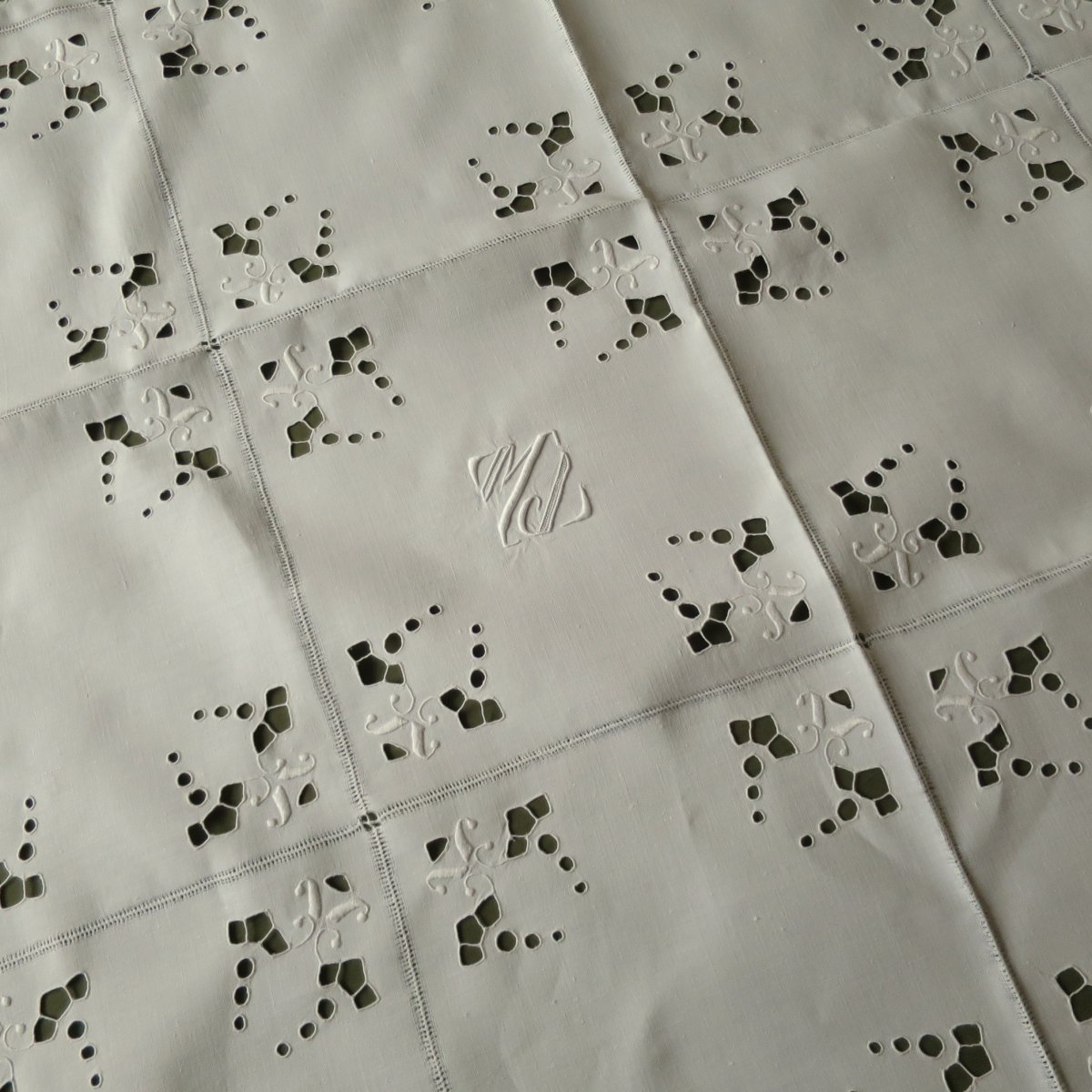 Linen Tablecloth, Hand Embroidered Around 1920, Mj Monogram