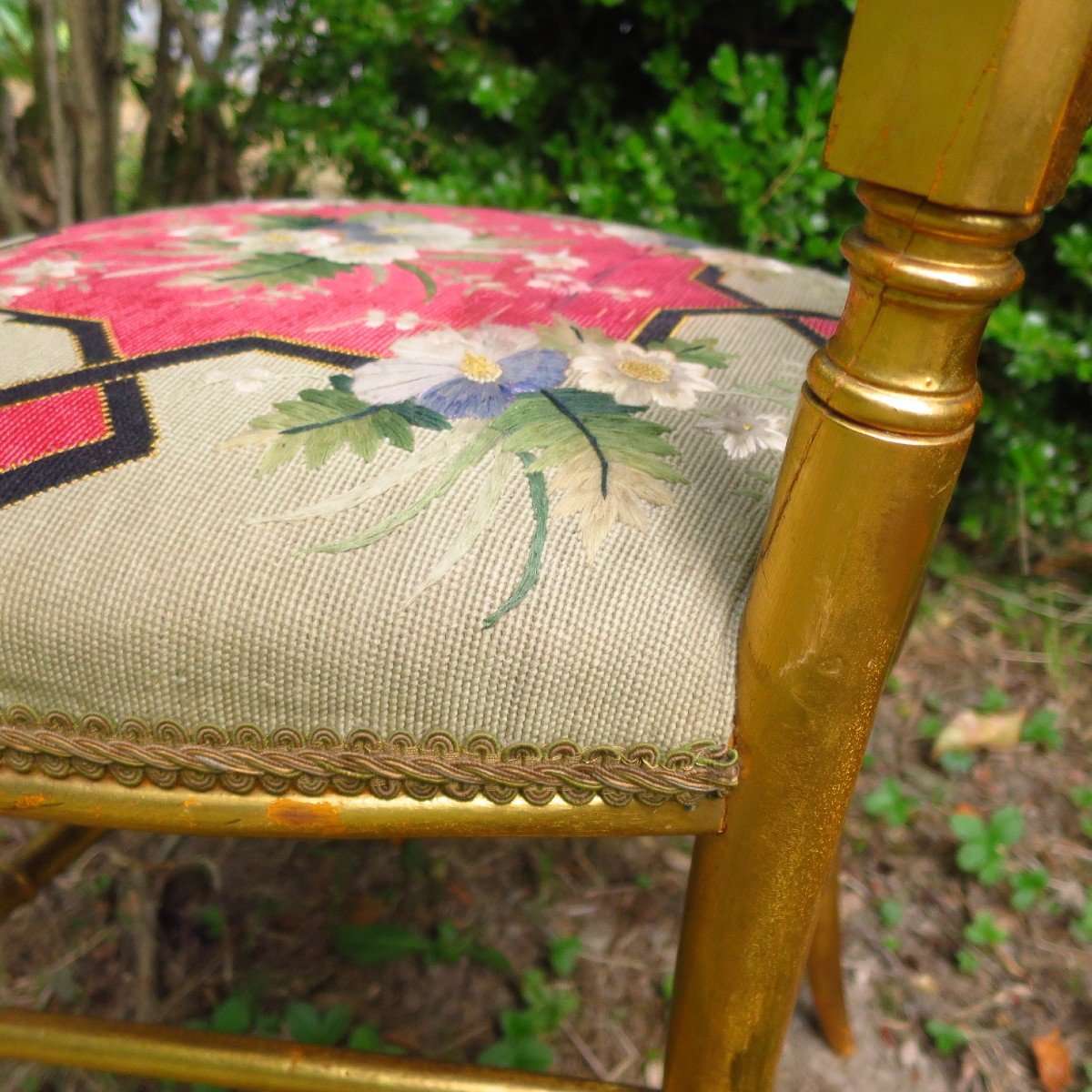 Pair Of Napoleon III Chairs In Golden Wood, Embroidered Seats-photo-7