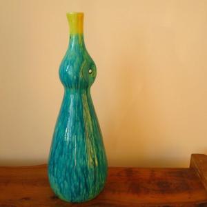 Turquoise Blue And Yellow Accolay Pitcher Vase Circa 1950