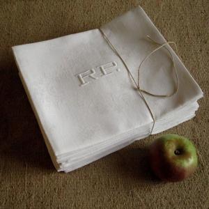 12 Old Damask Linen Napkins Monogrammed Rp Early 20th Century