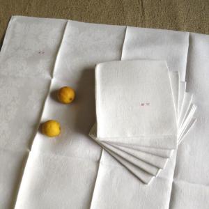 8 serviettes anciennes en lin damassé à décor de raisin, fin XIX°
