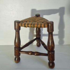 Tabouret paillé tripode en bois, 1950