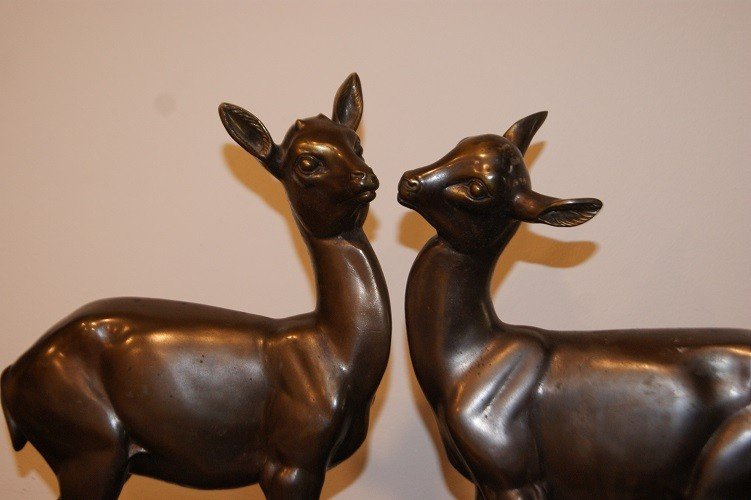 French Decò Bronze Sculpture From The Early 1900s, Pair Of Stags With Marble Base-photo-2