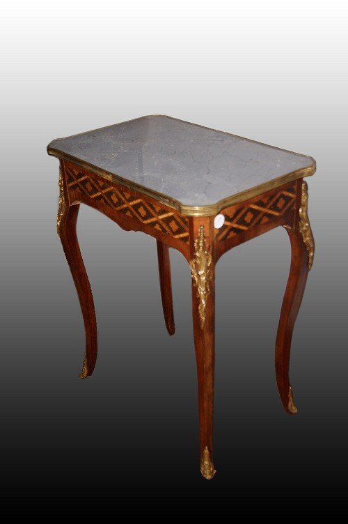 Stunning French Table From The 1800s In The Louis XV Style With Marble, Bronzes And Inlay-photo-4