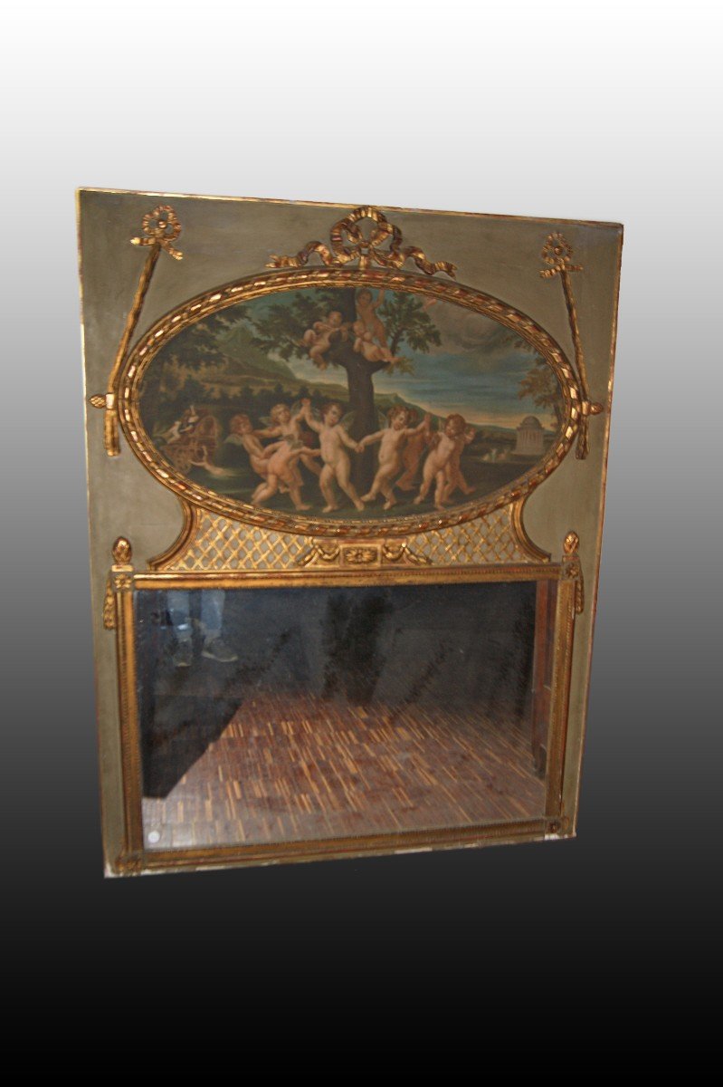 Belle Grande Trumeau Miroir Cheminée Française De Style Louis XVI Avec Une Peinture Sur Toile 