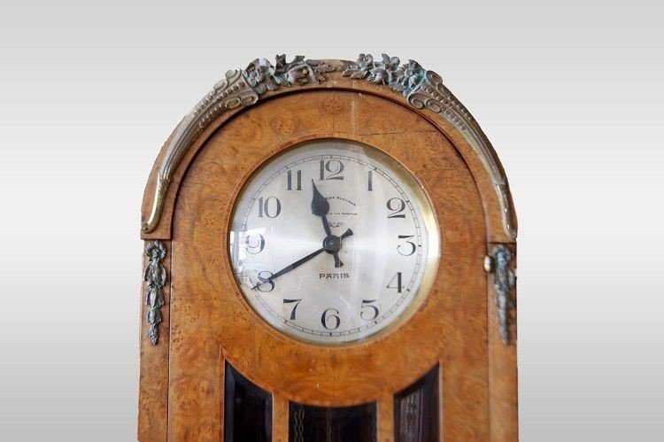 French Column Clock From The Early 1900s, Decorative Style, In Elm And Elm Burl-photo-2