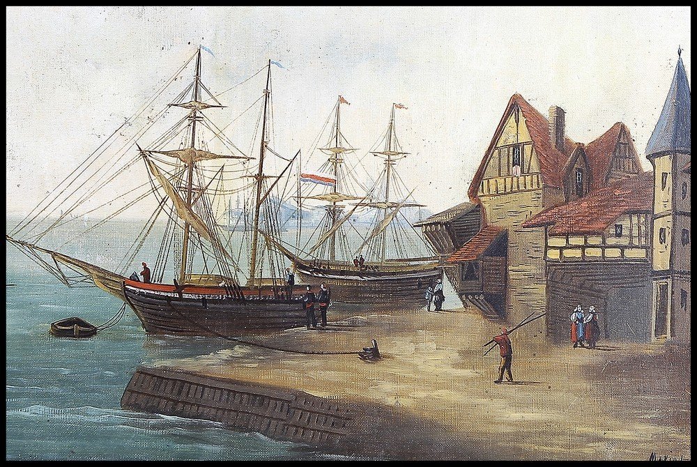 Tableau Huile Sur Toile Vue Marine Des Années 1800 Signée Mariot-photo-2