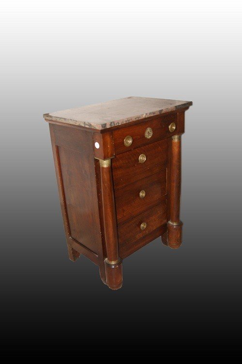 French Empire Style Chest Of Drawers From The 1800s In Mahogany Wood With Marble And Bronzes