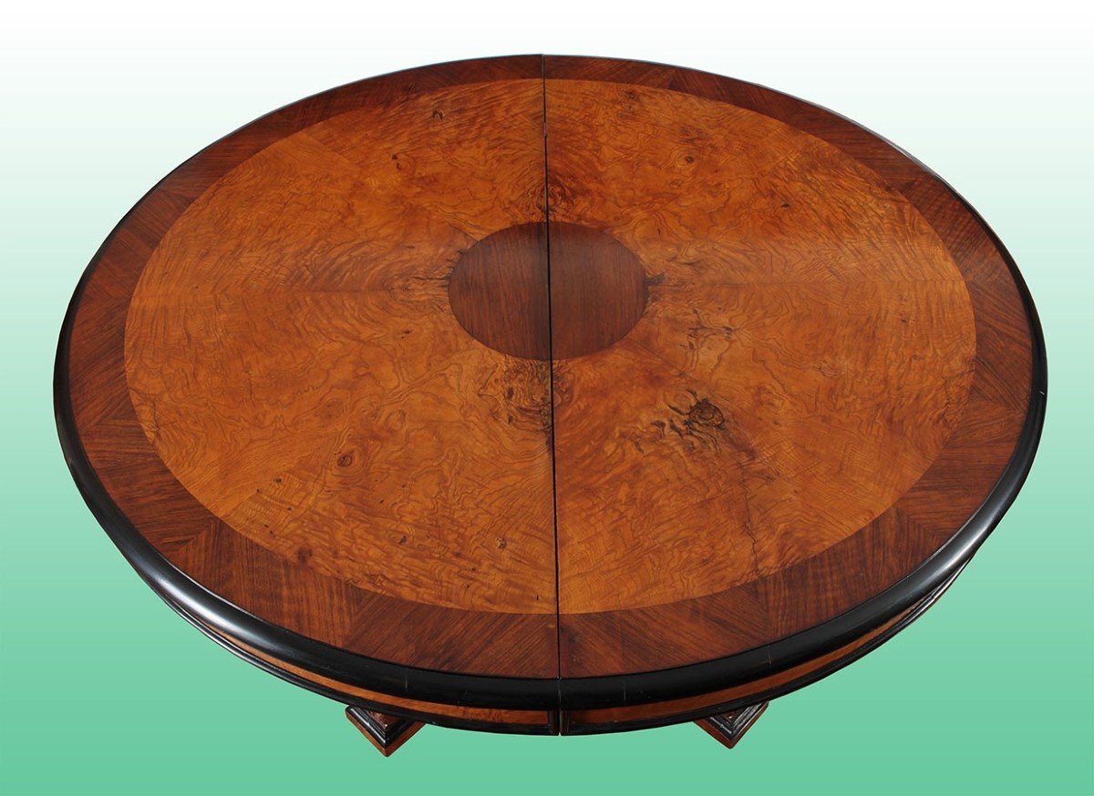 Oval Table In Rosewood And Elm Burl With Blackened Profiles, Extendable With 5 Extensions