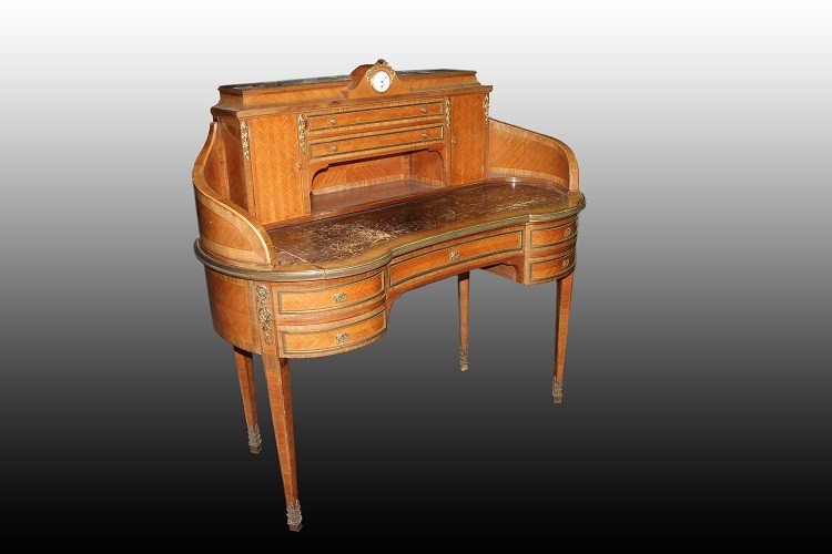 Précieux Bureau Français Du XIXe Siècle, De Style Louis XVI, En Bois De Palissandre Et  Horloge