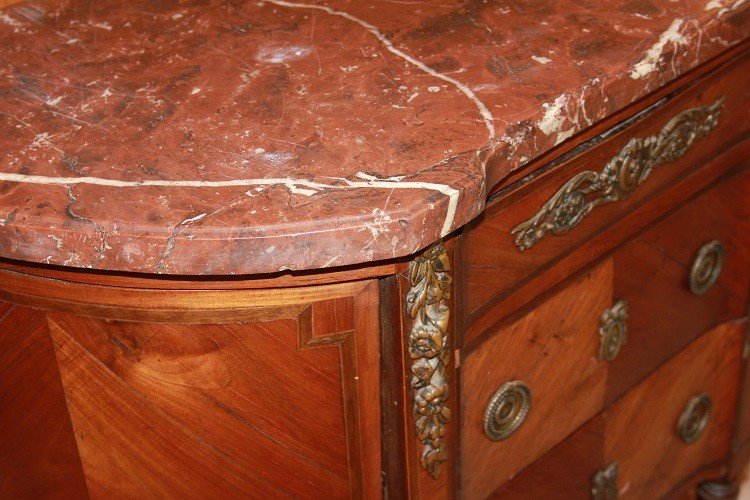 French Commode In Louis XVI Style From The 1800s, With Chamfered Shape, Marble Top, And Bronze -photo-3