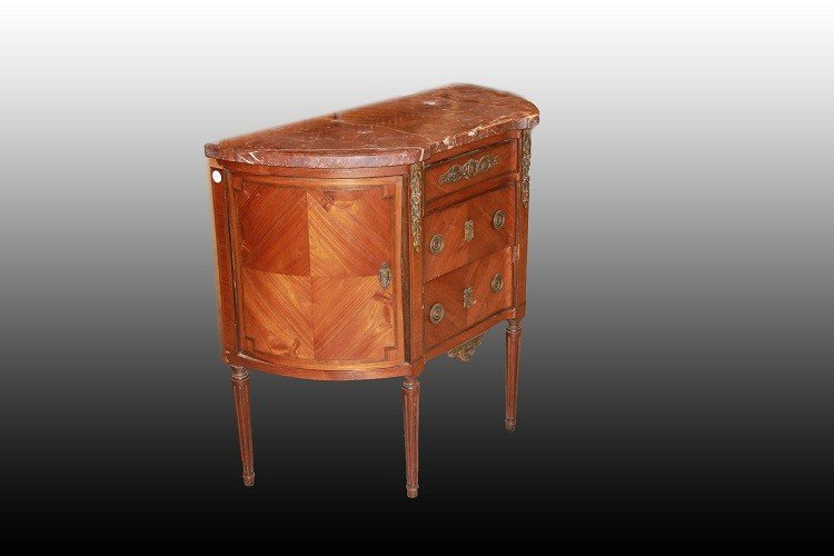 French Commode In Louis XVI Style From The 1800s, With Chamfered Shape, Marble Top, And Bronze -photo-4