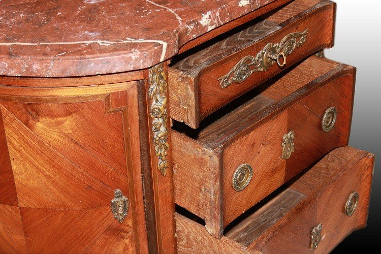 French Commode In Louis XVI Style From The 1800s, With Chamfered Shape, Marble Top, And Bronze -photo-1