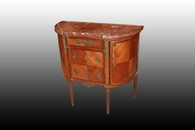 French Commode In Louis XVI Style From The 1800s, With Chamfered Shape, Marble Top, And Bronze 