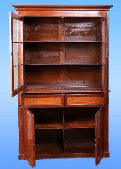 English Double Body Sideboard, Early 1900s Victorian Style, In Mahogany Wood. It Has 2 Glass-photo-2