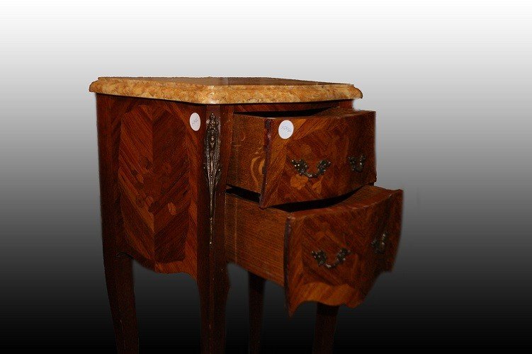 Pair Of Louis XV-style Bedside Tables From The 1800s, Intricately Inlaid With Bronzes And Marbl-photo-4