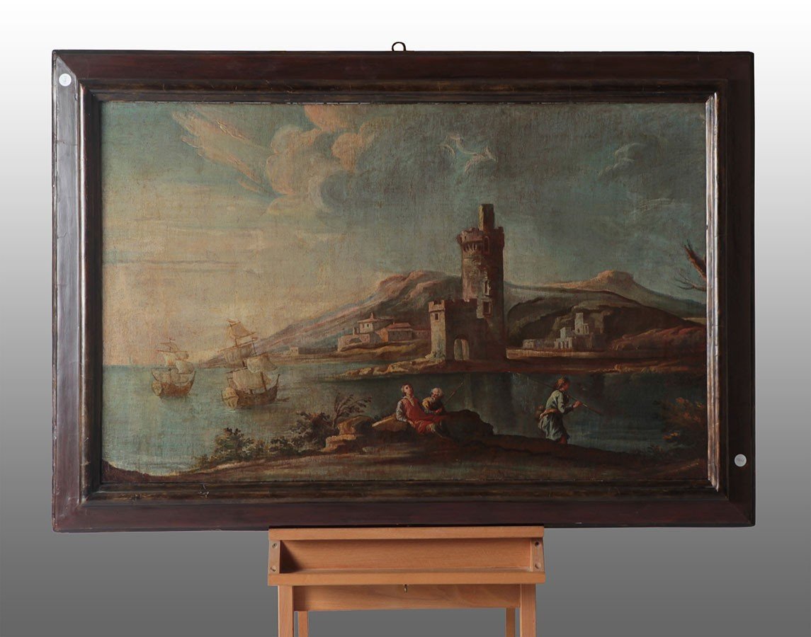 Oil On Canvas Representing A Sea Landscape, Italy (liguria) Mid 18th Century. Old Frame