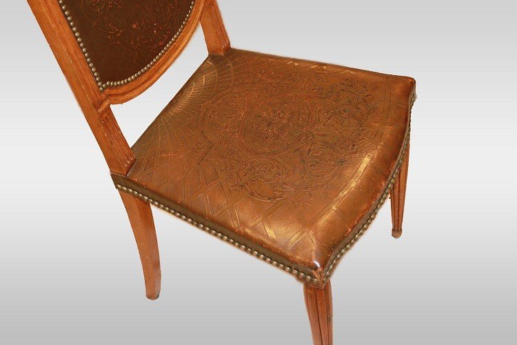Set Of 6 Louis XVI Style Chairs With Printed Leather Seat And Backrest-photo-4