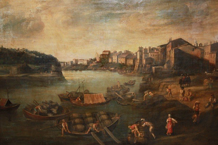 Large Italian Oil On Canvas From The 18th Century Depicting Workers At The Harbor-photo-2