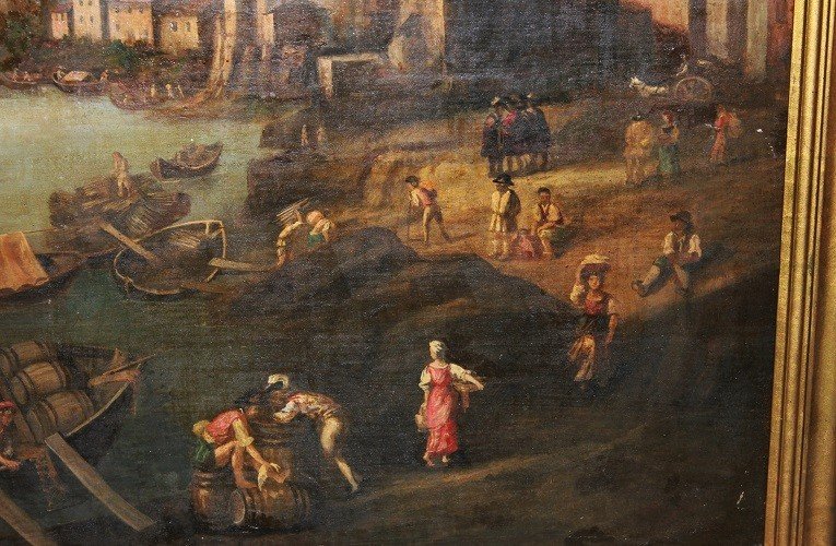Large Italian Oil On Canvas From The 18th Century Depicting Workers At The Harbor-photo-4