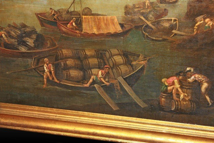 Large Italian Oil On Canvas From The 18th Century Depicting Workers At The Harbor-photo-1