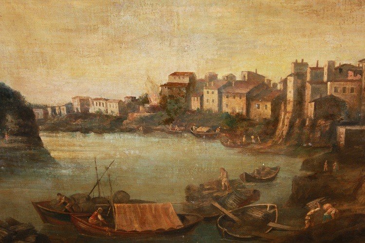 Large Italian Oil On Canvas From The 18th Century Depicting Workers At The Harbor-photo-2