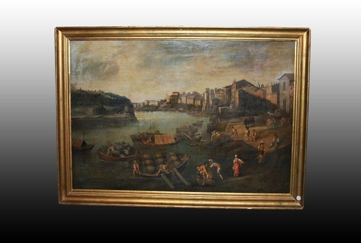 Large Italian Oil On Canvas From The 18th Century Depicting Workers At The Harbor