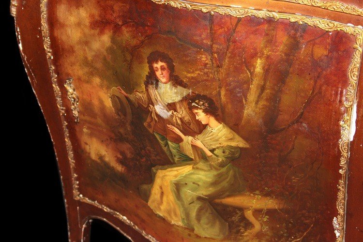 Vernis Martin Cabinet Painted With A Gallant Scene And Marble Top From The 19th Century-photo-3