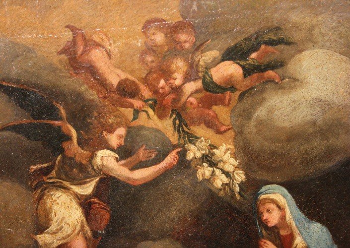 Huile Sur Toile Italienne Du Début Du XVIIIe Siècle Représentant l'Annonciation Vierge Marie-photo-1