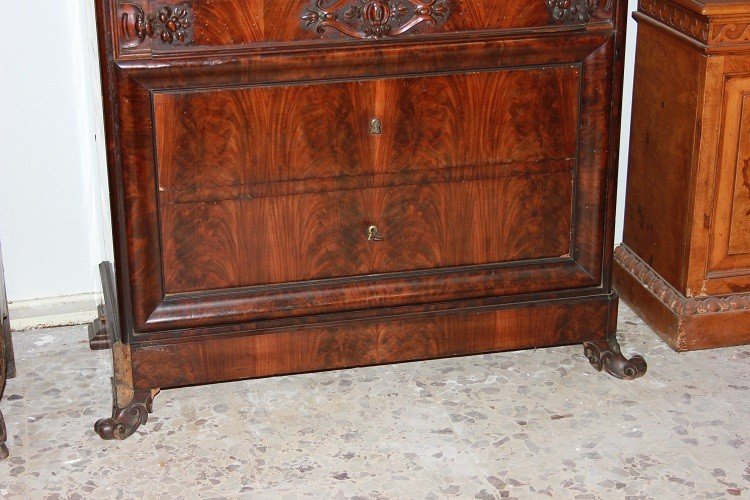 Large Biedermeier Secretary From The Second Half Of The 1800s, Made Of Mahogany Featherwood-photo-4