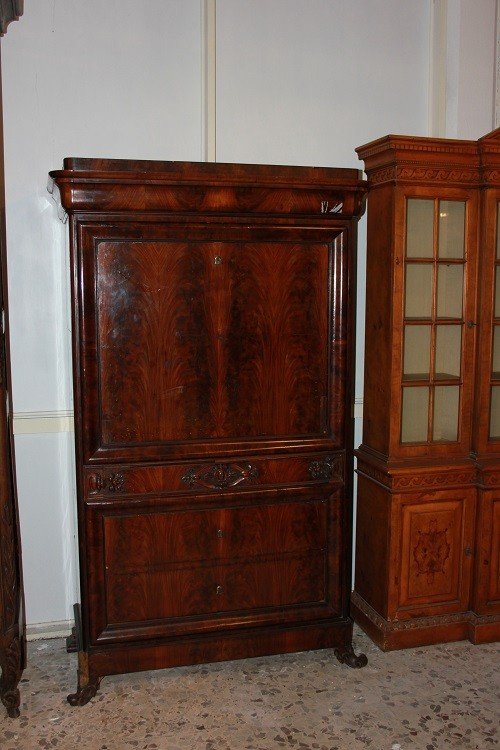 Large Biedermeier Secretary From The Second Half Of The 1800s, Made Of Mahogany Featherwood