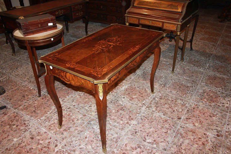 French Louis XV-style Writing Desk From The 19th Century With Bronzes And Rich Inlay Motifs-photo-2