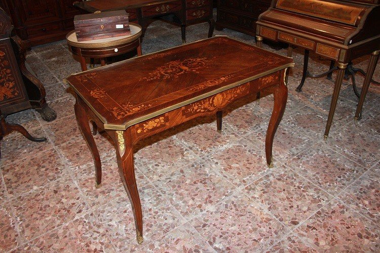 French Louis XV-style Writing Desk From The 19th Century With Bronzes And Rich Inlay Motifs