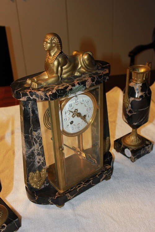 Horloge De Table Avec 2 Vases En Marbre De Style Art Déco Du Début Des Années 1900-photo-4