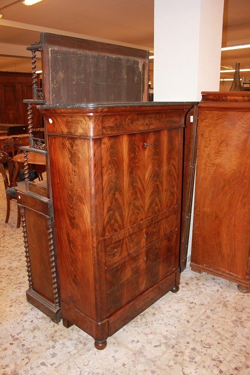 French Empire-style Secretary In Mahogany And Mahogany Feather, 19th Century-photo-4