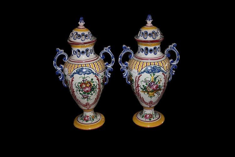 Pair Of French Ceramic Jars With Lids From The Early 1900s, Lavishly Decorated With Floral