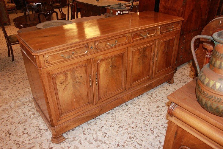 Large French Louis Philippe Style Walnut Wood Sideboard With 4 Doors