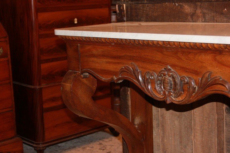 Console De Style Louis-philippe En Noyer Avec Un Dessus En Marbre, Un Tiroir Motifs sculptés -photo-3