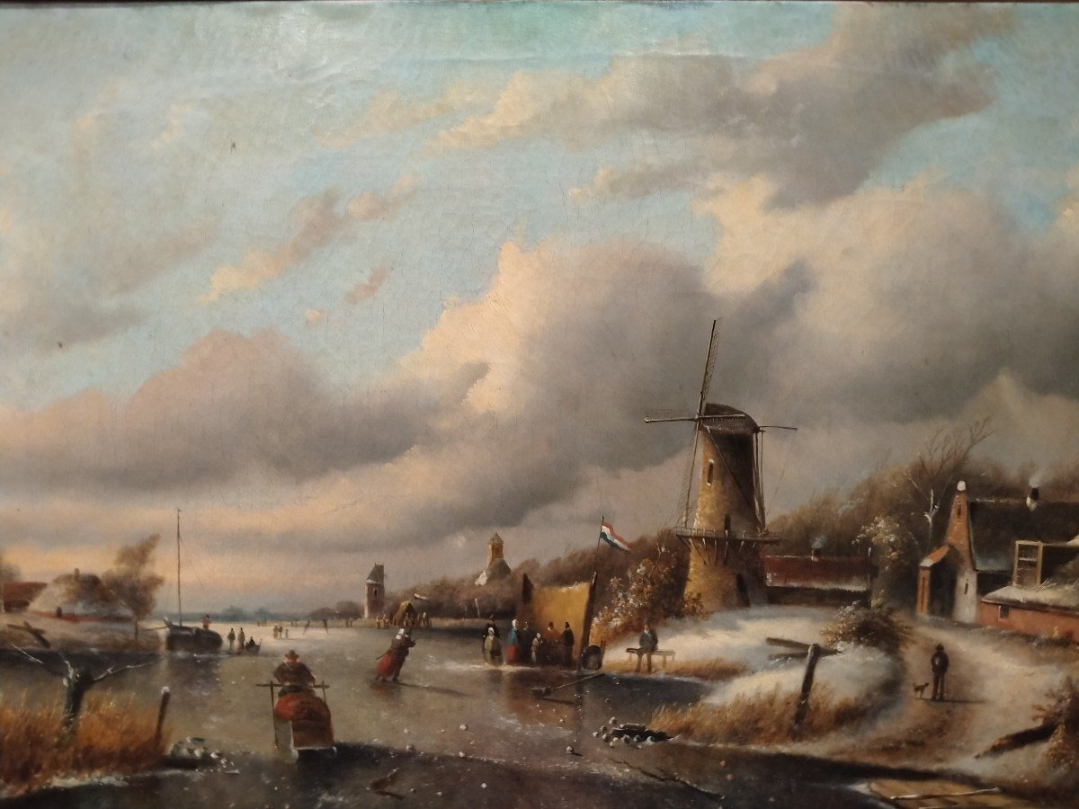 Oil On Canvas Landscape With Frozen River From 1800 Northern Europe-photo-2