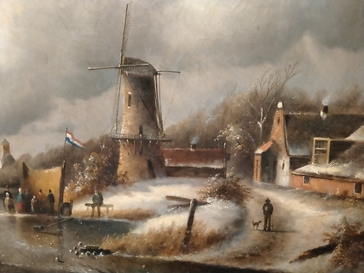 Oil On Canvas Landscape With Frozen River From 1800 Northern Europe-photo-3