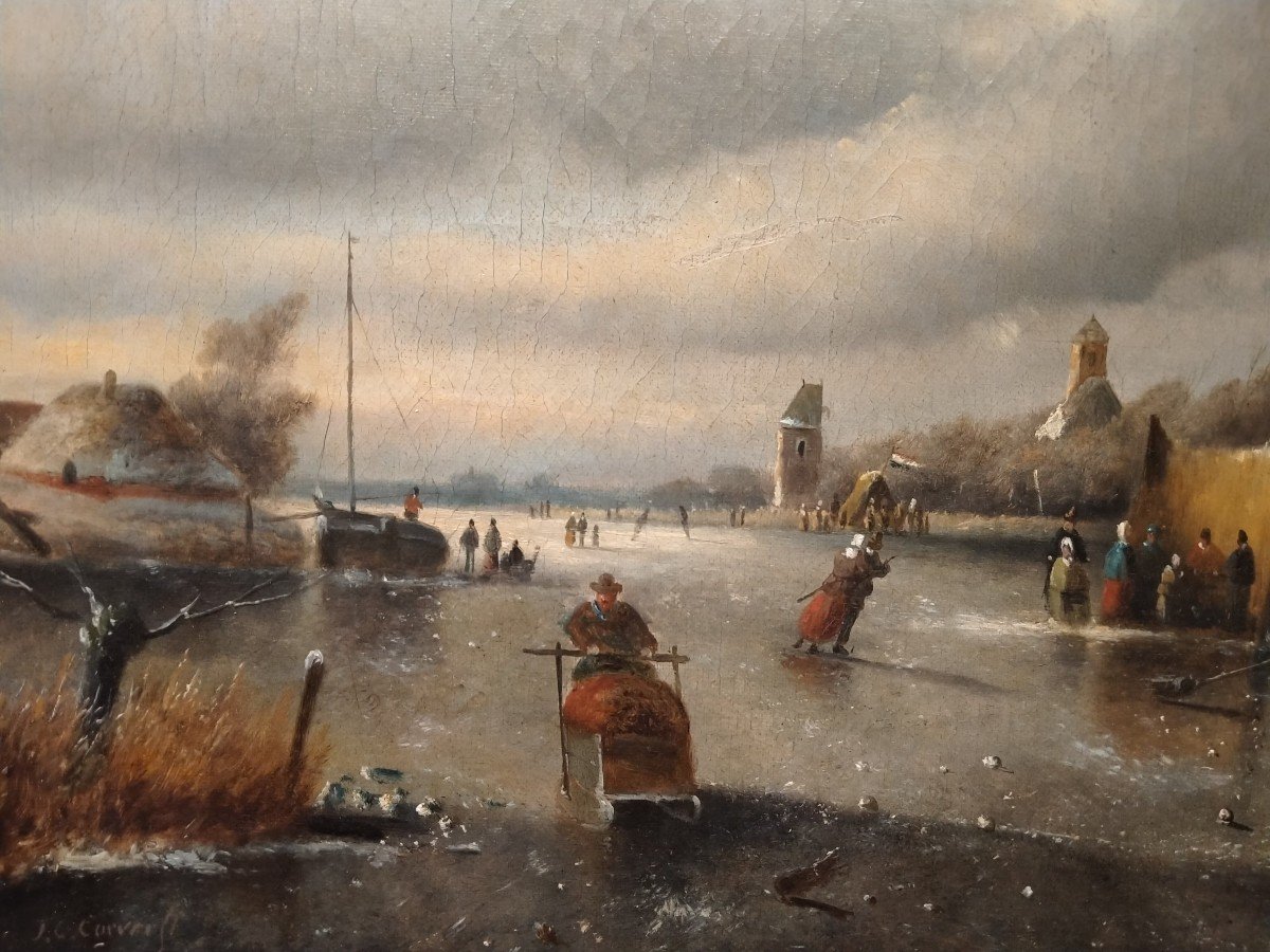 Oil On Canvas Landscape With Frozen River From 1800 Northern Europe-photo-4