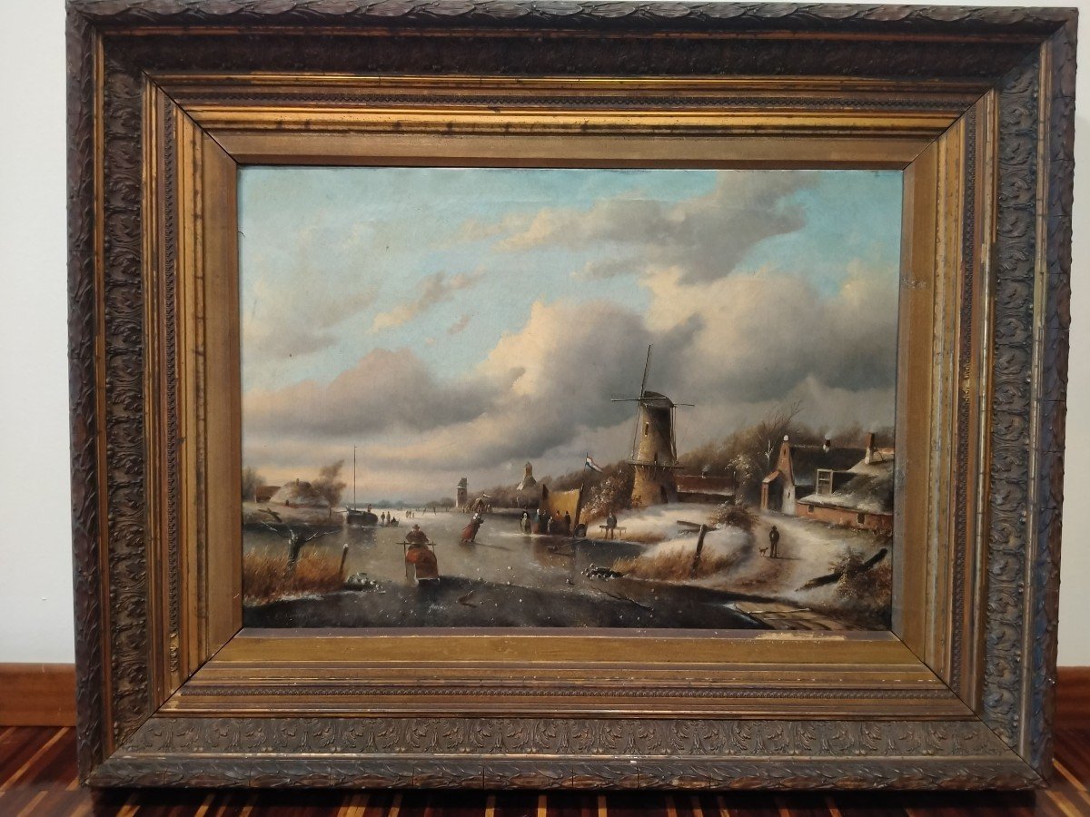 Oil On Canvas Landscape With Frozen River From 1800 Northern Europe