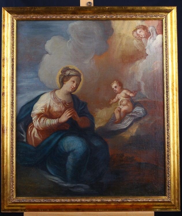 Italian Oil On Canvas From 1700 Representative Adoration Virgin With Jesus
