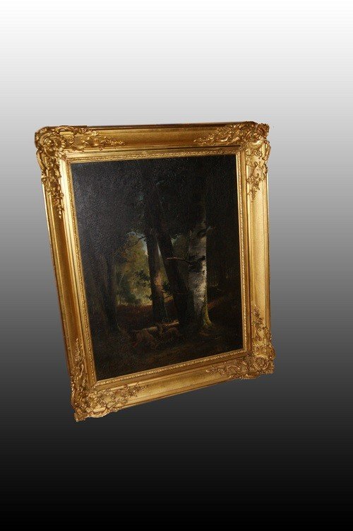 Beautiful French Oil On Canvas From The Second Half Of The 1800s, Depicting A Forest With 