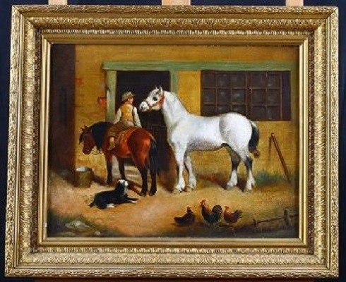 Oil On English Canvas From The Second Half Of The 1800s, Depicting A Child On Horseback