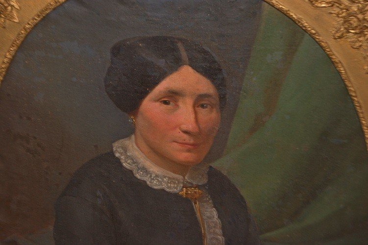 Huile Sur Toile Française Du XIXe Siècle, Portrait d'Une Dame Noble Avec Un Cadre Doré-photo-3