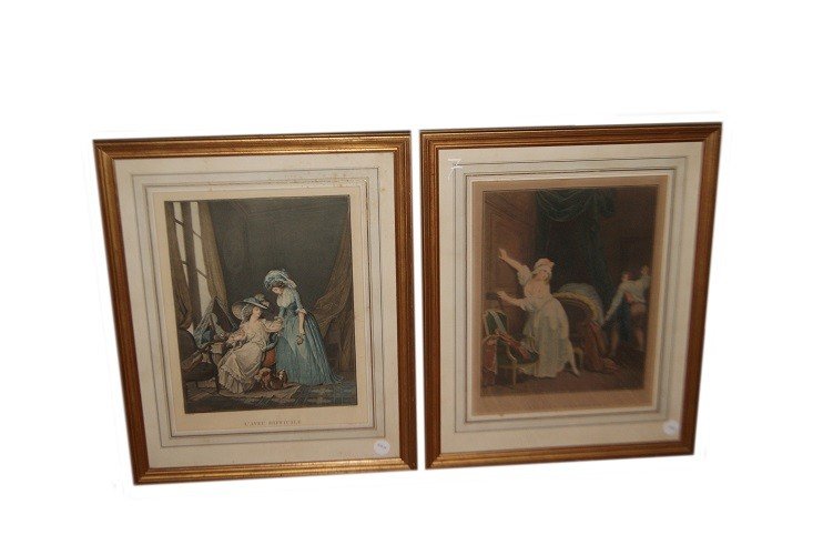 A Pair Of Beautiful Late 19th-century French Color Prints Depicting Indoor Scenes With Male 