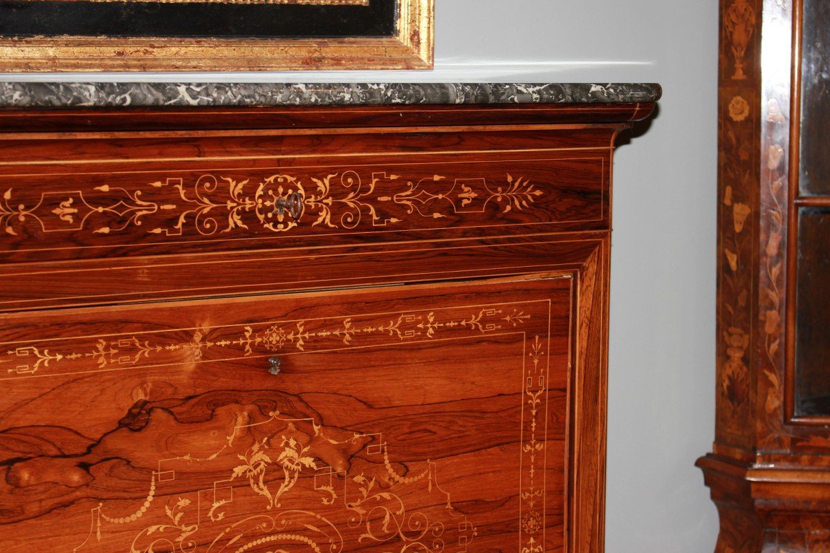 French Secretary From The Mid-1800s, Charles X Style, In Rosewood With Rich Boxwood Inlay -photo-2